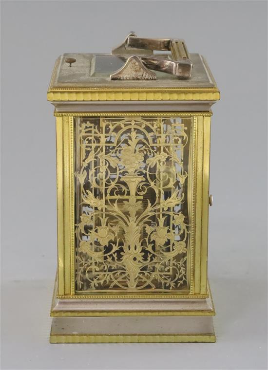 An early 20th century silvered and ormolu hour repeating carriage clock, H.6.25in.